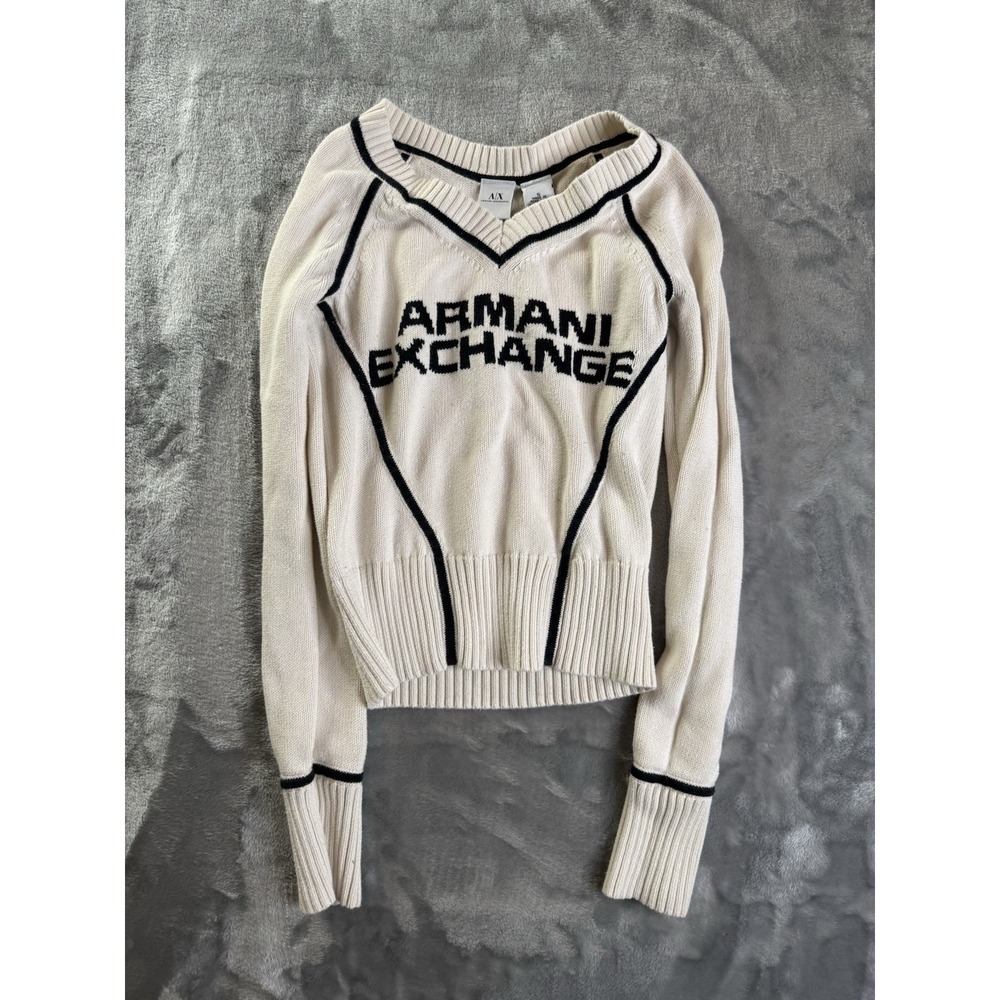 Vintage Armani Exchange Cotton Knit Creme White Womens Spellout Sweater Sz S